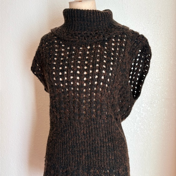 VTG y2k brown black cache chunky knit sweater short sleeve long top dress neck L - Picture 3 of 11